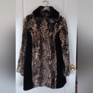 ADRIENNE LANDAU FAUX FUR BLACK/BEIGE FULLY LINED COAT SIZE SMALL